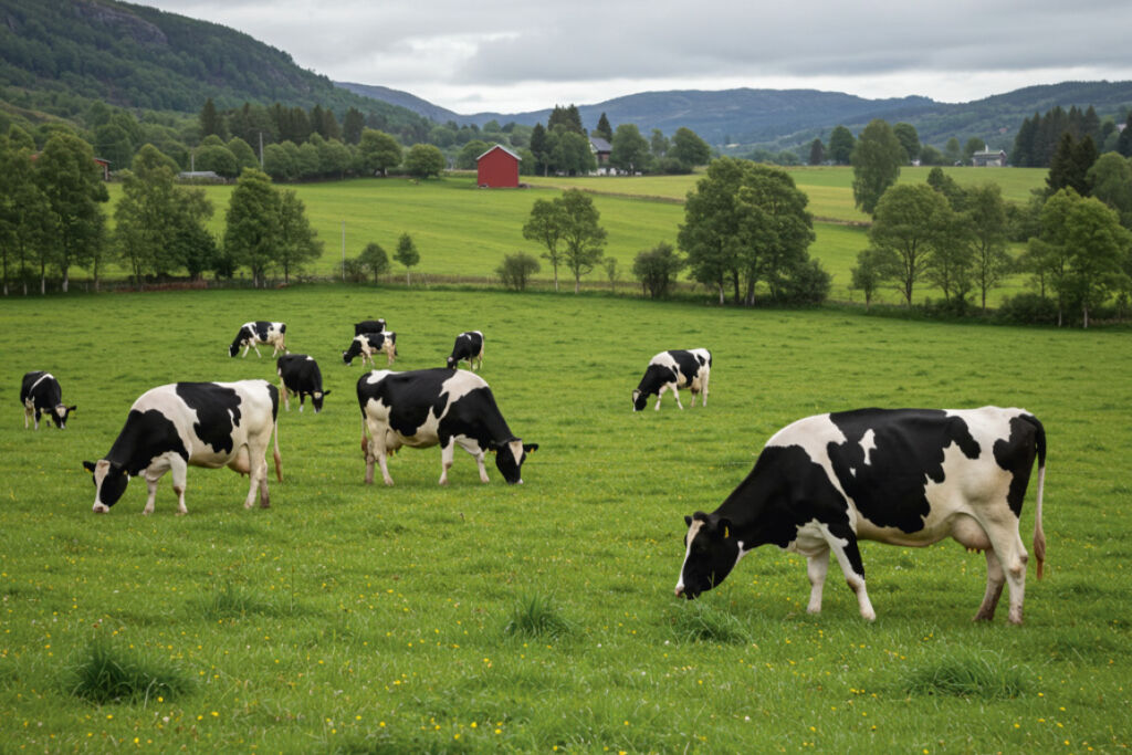 Holstein kyr gresser på eng i Bjerkreim. Bildet er KI-generert.